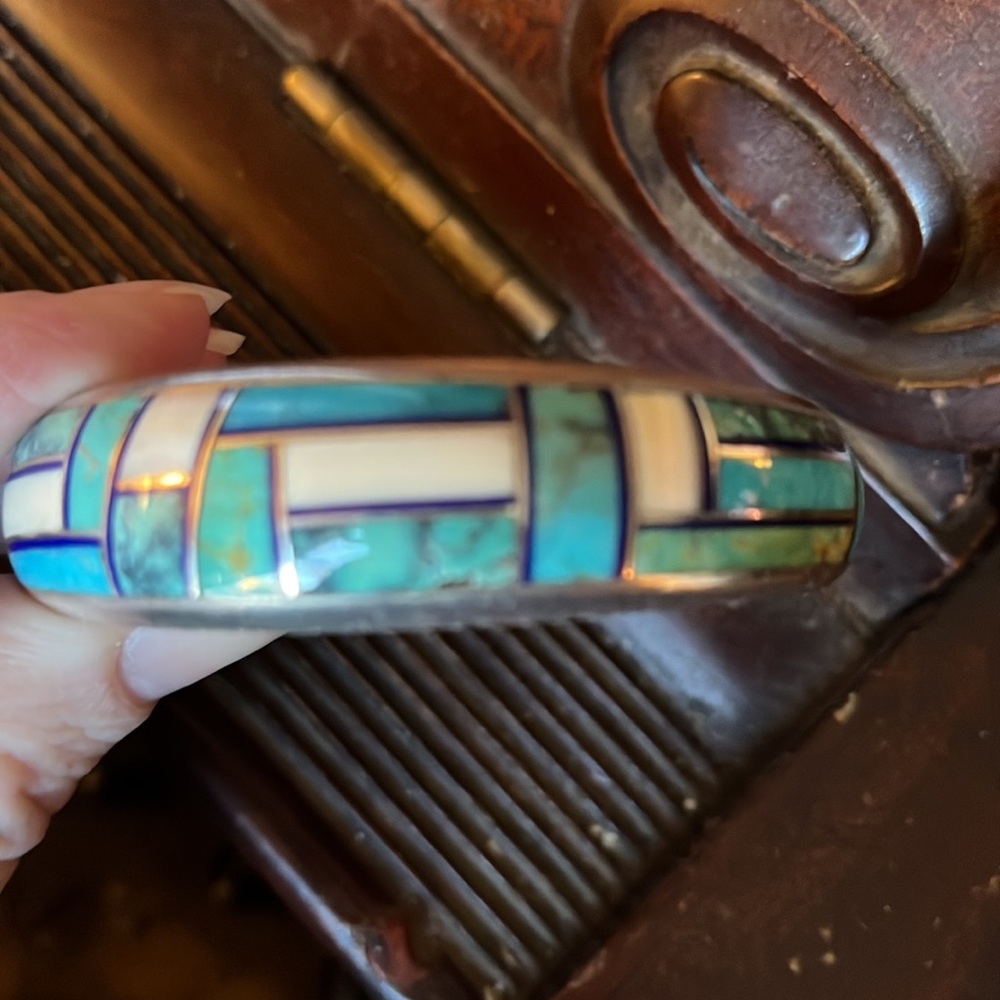 Vintage Native American Navajo Aaron Toadlena Turquoise Silver Inlay Bracelet - Picture 13 of 17